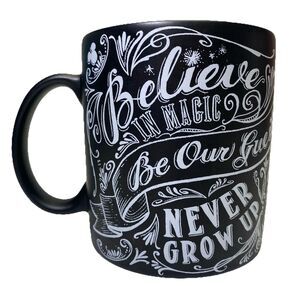 Disney Mug Believe in Magic Kingdom Never Grow Up Coffee Tea Cup Black White